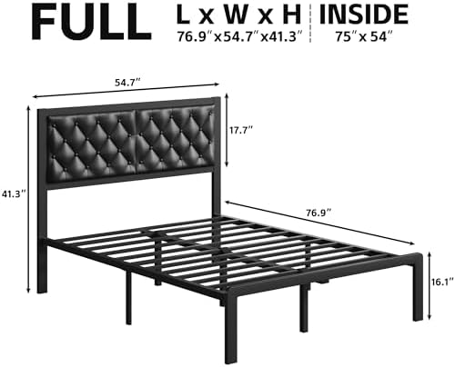 Fluest Full Bed Frame with Headboard PU Leather Upholstered Bed Frame Platform,All Metal Slats Support Platform Bed Frame with Storage Space,Easy Assembly,Noise Free,No Box Spring Needed,Black - Image 2