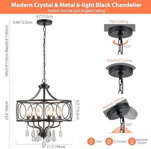 Modern Black Chandelier 17.7" Metal Crystal Pendant Lighting Fixture Hanging 6-Light for Dining Room Bedroom Living Room Kitchen Entryway - Image 3