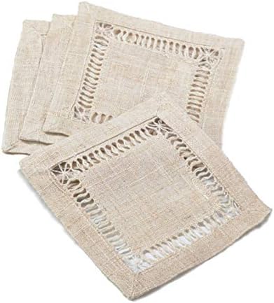 Fennco Styles Toscana Contemporary Hemstitched Linen Blend 6 x 6 Inch Coasters for Dinner Table, Picnic Table, Parties, Wedding Decorations, Natural, Set of 4 - Image 2