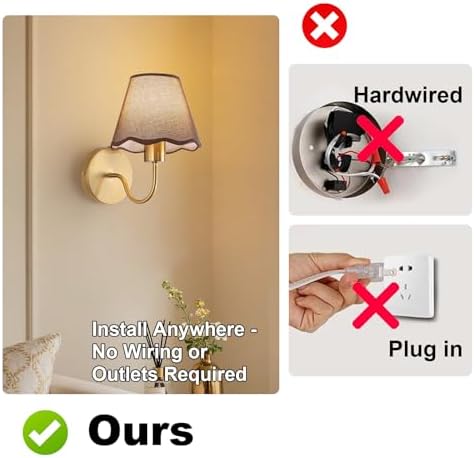 ADISUN Battery Operated Wall Sconce Set of 2, Gold Wall Lamps Rechargeable Bulbs for Living Room, Brown Rattan Shade, Wireless Wall Lights for Bedroom Living Room Hallway Kitchen(2 Bulbs Included) - Image 6