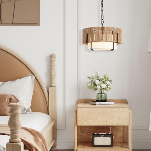 12.6" Rattan Pendant Light, Boho Chandelier Hanging Light Fixture - Image 7