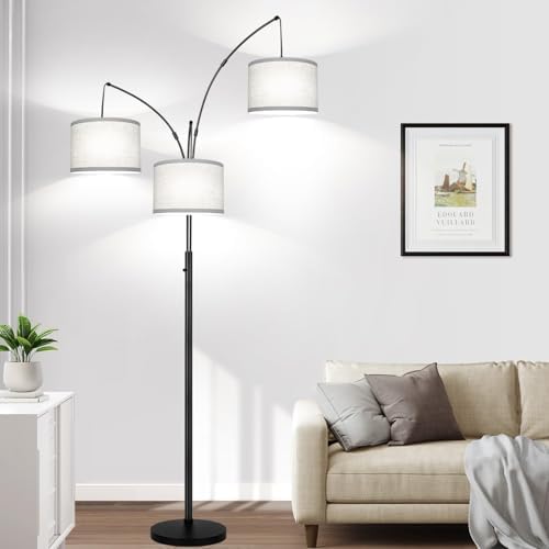 Dimmable Floor Lamp, 3 Lights Black Arc Floor Lamp, Modern Tall Standing Tree Lamp with Grey Linen Shades & Heavy Base, 3000LM LED Bulbs, Bright Lighting for Living Room, Bedroom, Office & Reading by Nintiue