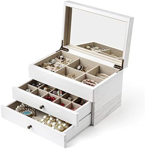 Meangood Jewelry Box Organizer for Women, 3 Layer Large Jewelry Storage Case, Rustic Wooden Jewelry Box with Mirror & Ring Tray for Necklace Earring Bracelets Rings, Vintage Style (White) - Image 7