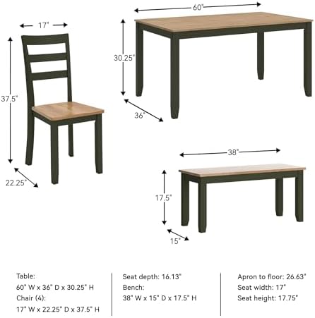 Signature Design by Ashley Gesthaven Dining Table Set with 4 Chairs and Bench, Kitchen Dining Room Furniture Set, Casual Wood Veneer Tops, Green, Light Brown, 36" W x 60" D - Image 3