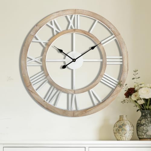 30 Inch Oversized Rustic Wall Clock Silent Non-Ticking Wooden Wall Clocks with Roman Numerals Farmhouse Decorative Clock for Living Room Bedroom Office (Light Lvory) by BlueprintIvy
