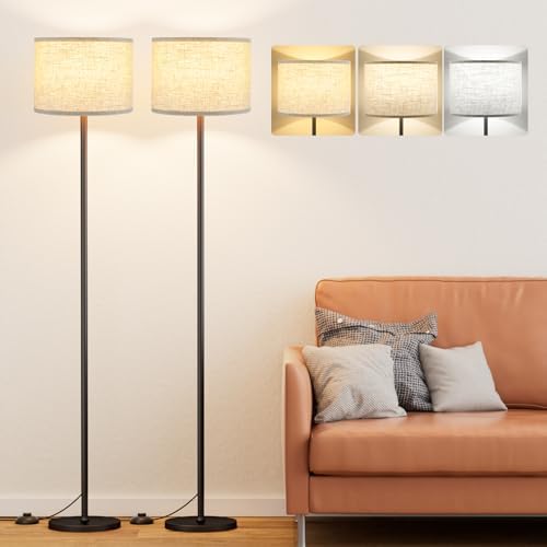 Ambimall 60'' Modern Floor Lamp Set of 2, 2PK Tall Lamps for Living Room Bedroom, Beige Shade with Black Pole(Without Bulb) by Ambimall