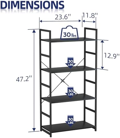NUMENN 4 Tier Bookshelf, Tall Freestanding Open Storage Bookcase, Black - Image 3