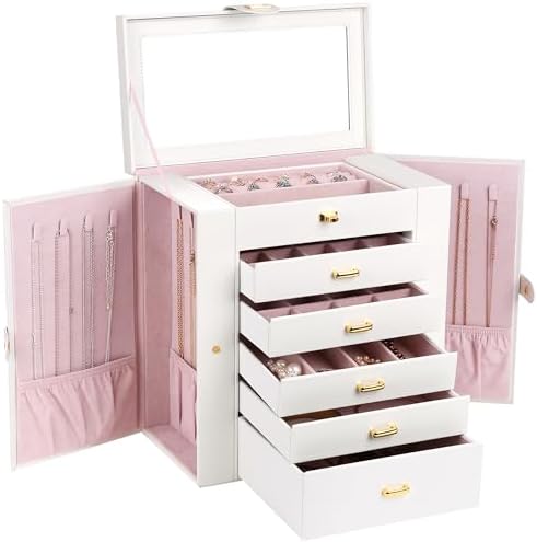 Kendal Extra Large Jewelry Box Jewelry Case PU Leather 6 Tier 5 Drawers Large Storage Capacity with Mirror Jewelry Storage Organizer Great Gift Also Good For Watches LJC-SHD5CM(White) by Kendal