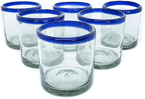 Cobalt Blue Rim 8 oz DOF Rock Glasses (set of 6), Recycled Glass, Lead-free, Toxin-Free (DOF Rocks) by MexHandcraft