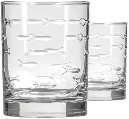 Rolf Glass School of Fish 13 oz Double Old Fashioned Whiskey Cocktail Glass | Set of 2 | Engraved Lead-free Tumbler Glasses | Made in the US by RolfGlass