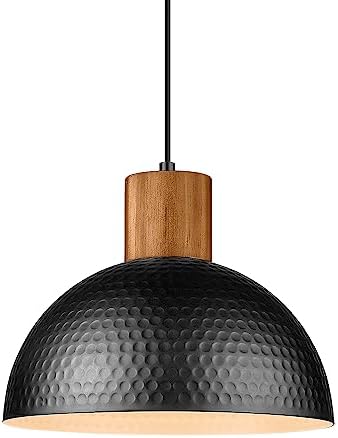 ELYONA 12" Hammered Metal Pendant Light, Rubber Wood Dome Hanging Lamp, Modern Pendant Light Fixtures for Kitchen Island, Bar, Farmhouse Dining Room, Bedroom, Hallway - Black by ELYONA