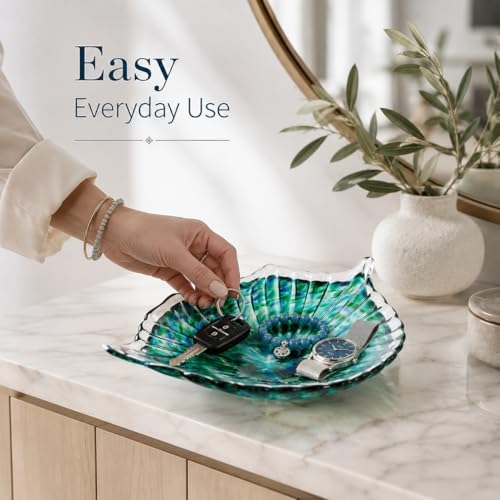 Hand Blown Glass Seashell Fruit Bowl,Gradient Decorative Glass Bowl for Kitchen Countertop,Coastal Seashell Serving Tray for Fruit Snacks,Art Table Centerpiece for Beach House Kitchen Decor (Teal) - Image 4