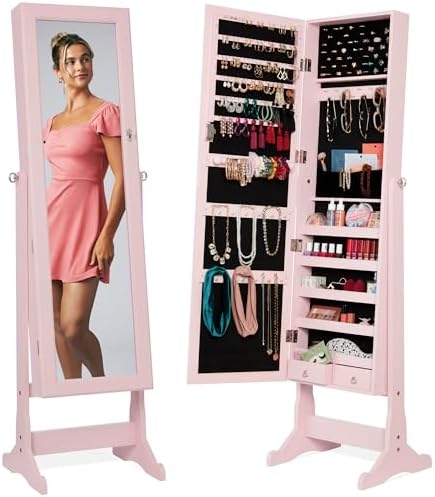 Best Choice Products Freestanding Jewelry Armoire Cabinet, Full Length Standing Mirror, Lockable Makeup Storage Organizer, w/Velvet Lining, 3 Angles, Lock, Accessory Pouch, 5 Shelves - Dusty Pink by BestChoiceProducts