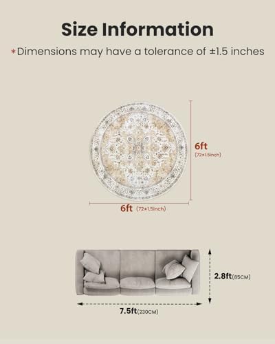 Amada Round 6x6 Washable Area Rug for Living Room, Beige, Vintage Style - Image 2