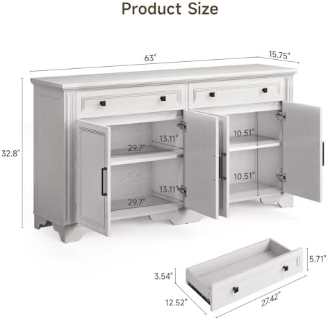 ONBRILL 63" Sideboard Buffet Cabinet, Large Credenza with Drawers White - Image 3