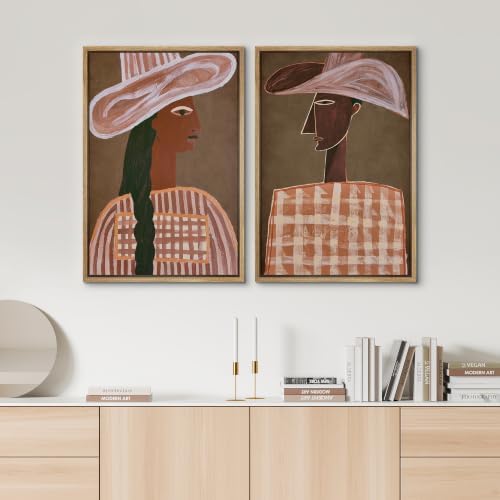 SIGNWIN Framed Canvas Print Wall Art Set Cowboy Cowgirl Portrait Illustrations Modern Minimal Decorative for Living Room, Bedroom, Office - 24"x36"x2 NATURAL - Image 3