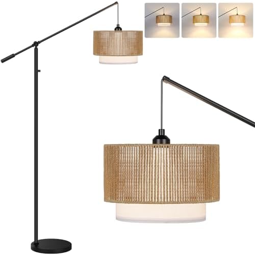 【Upgraded】Boho Dimmable Floor Lamps with Adjustable Swing Arm, 1100 Lumens Bulb Included, Modern Standing Lamp with Rattan & Fabric Shades, Farmhouse Tall Arc Floor Lamp for Living Room Bedroom, Black by Yemela