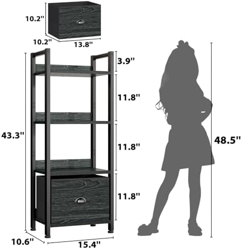 Furologee 4 Tier Bookshelf with Drawer, Small Narrow Bookcase, Wood and Metal Standing Shelf Unit, Industrial Display Storage Shelves Organizer for Bedroom, Living Room, Entryway, Black - Image 3