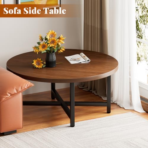 Coffee Table, Round Coffee Tables for Living Room, Floor Table for Sitting on The Floor, Center Coffee Table with Metal Frame for Office Apartment Home (31.5" D Round Walnut) - Image 4