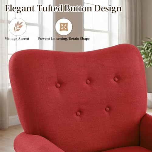YOLENY Modern Accent Chair,High Back Armchair,Upholstered Fabric Button Single Sofa with Wooden Legs for Living Room,Bedroom,Club,Red - Image 4