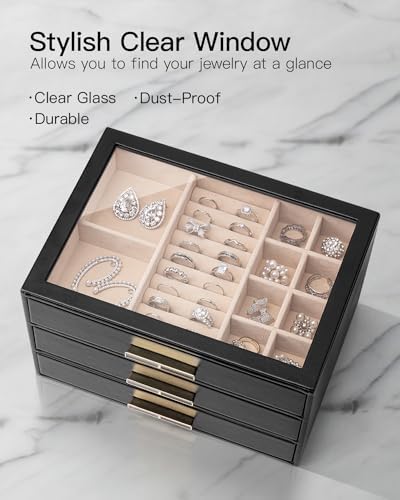 VLANDO Jewelry Box for Women, Glass Lid Jewelry Organizer with 3 Drawers for Necklaces Rings Earrings Bracelets - Black - Image 3