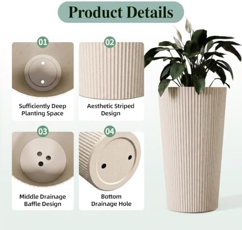 24" Tall Planters for Outdoor Plants with Insert, Set of 2 Cream - Image 4
