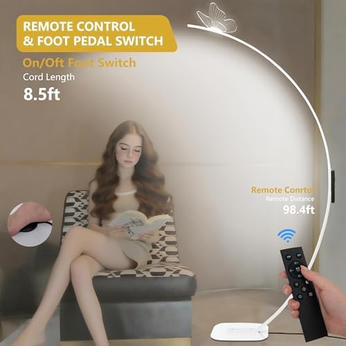 Arched Floor Lamp with Butterfly Design, Adjustable Brightness up to 2000 Lumens, Remote & Pedal Control, 3 Light Settings Standing Lamp for Living Room, Bedroom, Office (White) - Image 4