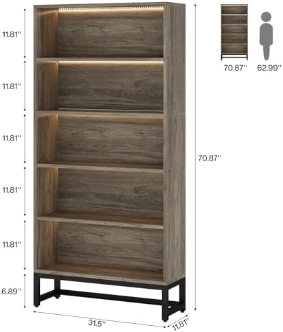 Tribesigns Tall Bookcase Bookshelf, 70.8" Large Bookcases Organizer with LED Lights, Heavy Duty Free-Standing Library Bookshelf with 5-Tier Storage Shelves for Living Room, Bedroom (Gray) - Image 2