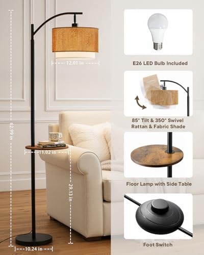 PESRAE Rattan Floor Lamp for Living Room, Farmhouse Arc Standing Lamp - Image 5
