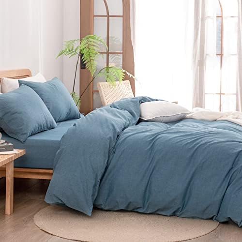 BESTOUCH Cotton Solid Duvet Cover Set Linen Feel Dark Blue California King - Image 3