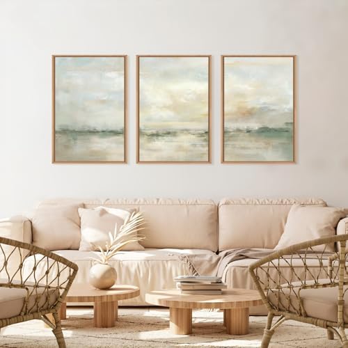 LHIUEM Large Abstract Green Gray Pastel Framed Canvas Wall Art,Neutral Landscape Wall Decor,Modern Watercolor Lake Artwork,Beige Textured Illustrations Art for Living Room,Bedroom,Office- 24"x36"x3 - Image 2