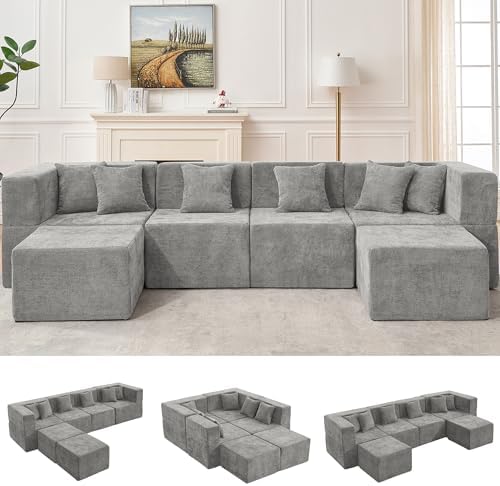 MONVANE Modular Sectional Cloud Couch for Living Room - 130'' 6 Seater Convertible Chenille Couches Set with Ottoman, No Assembly Compression Sofas, Comfy Floor Sofa with Memory Foam, Light Grey by MONVANE