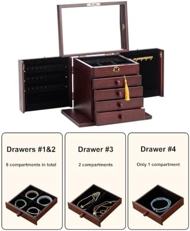 Changsuo Wooden Jewelry Box for Women, Organizer Box of Solid Wood with Lock and Key for Jewelries, Watches, Necklace, Ring, Lockable Storage Case (Burgundy) - Image 4