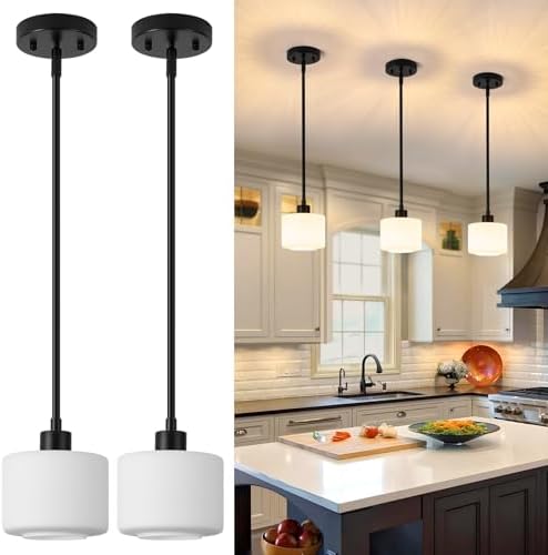 Black Pendant Lights Kitchen Island 2 Pack, Modern Milk Glass Hanging Light Fixtures with Rods, Mini Kitchen Pendant Lighting Over Island for Sink Bathroom, OS-YQ8153-2PBK by Osimir