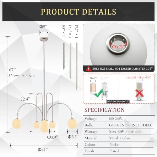 CATINER Modern 40" 6-Light Nickel Sputnik Chandelier with Milk Glass Globe - Image 3