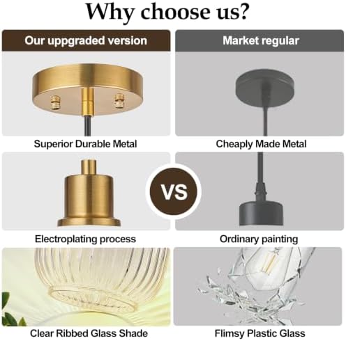 2 Pack Pendant Lights with Vintage Clear Ribbed Glass Lampshade, Adjustable Brushed Gold Pendant Lights Fixtures for Kitchen Island Lighting Sink, Dining & Living Room Hallway (Bulbs Not Included) - Image 5