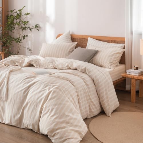 BESTOUCH Striped Cotton Duvet Cover Set Linen Feel Super Queen - Image 6