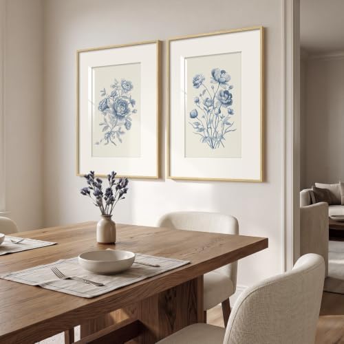 Framed Vintage Blue Floral Botanical Wall Art for Living Room, 2 Piece - Image 2