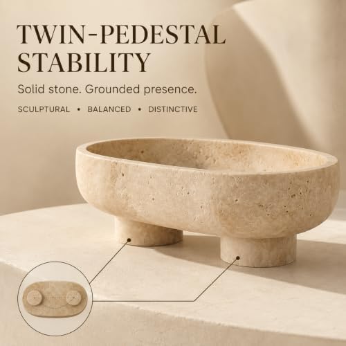 Travertine Oval Bowl with Base, 10 Inch Handmade Natural Stone Decorative Bowl for Home Decor, Modern Key Bowl for Entryway Table, Fruit Candy Dish & Candle Holder for Kitchen Countertop - Image 4