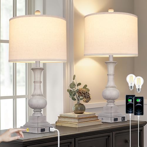 Farmhouse Lamps Set of 2, 26" Vintage Rustic Touch Control Bedside Lamp with USB A+C Ports & AC Outlet, 3-Way Dimmable Boho Nightstand Lamp Washed Resin Linen Fabric Shade for Living Room Bedroom Grey - Image 2