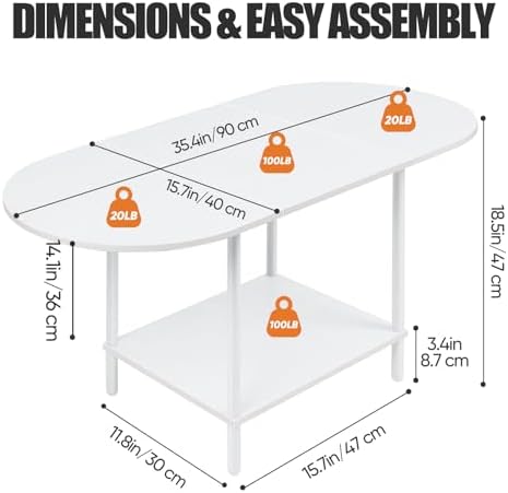 White Coffee Tables for Living Room,Mid Century Oval Center Table with Storage Shelf and Wood Tabletop,2-Tier Modern Narrow Cocktail Tea Table for Small Space,Small Apartment - Image 2
