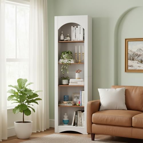 holzart 71.6" Tall Farmhouse Bookshelf, 5-Tier Narrow Bookcase & Storage Cabinet, Freestanding Kitchen Pantry Organizer with Adjustable Shelves for Living Room, Home Office, White - Image 6