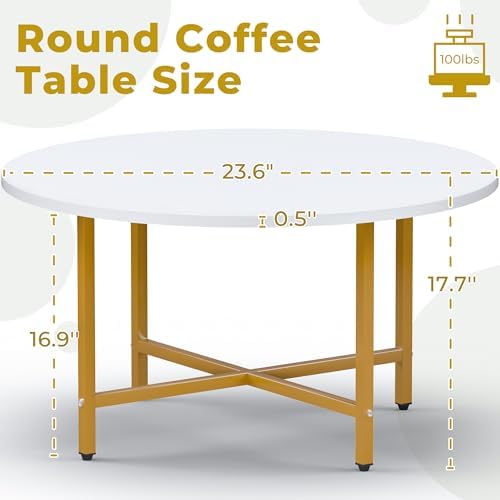 Coffee Table, 23.6" Round Coffee Table, White & Gold Leg Living Room Tables - Image 2