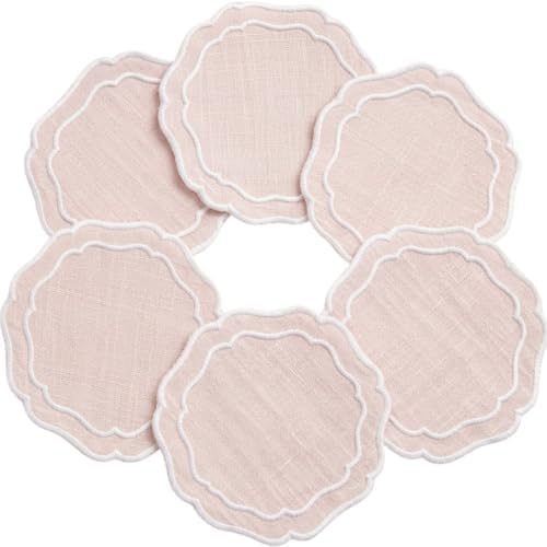 Linen Coasters for Drinks, Set of 6, 4.5 inch, Pink by EmbroideryLinenVN