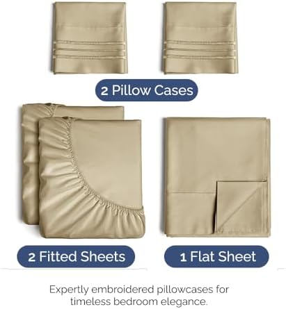 Split King Size 5 Piece Sheet Set - Breathable & Cooling Sheets - Beige - Image 2