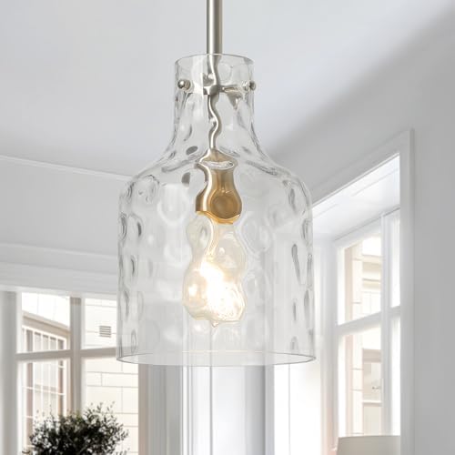 WILON Modern Glass Pendant Lighting for Kitchen Island, Farmhouse Pendant Lights for Dining Room Kitchen Sink, Adjustable Hanging Ceiling Light 7" Hammered Glass Shade, Brushed Nickel Metal Finish by WILON