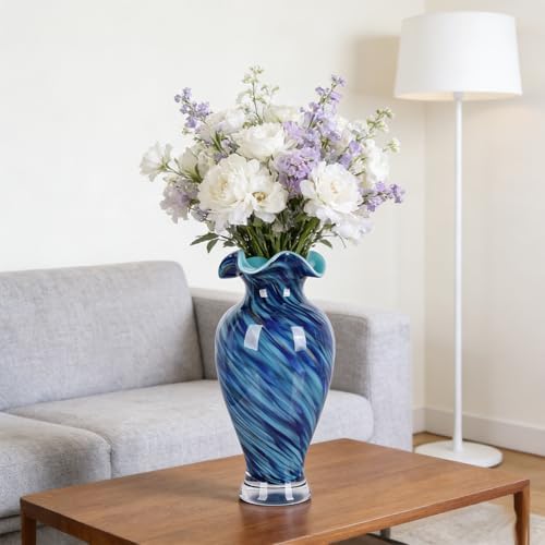 12" Tall Hand Blown Glass Vase – Pretty Ruffle Wide Mouth Decorative Flower Vase, for Modern Home Decor, Ideal Centerpiece for Living Rooms, Wedding & Home Decor - Image 5