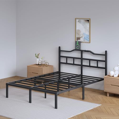 SHOANED Metal Bed Frame with Charging Station - 14 Inch King Size Heavy Duty Bedframe with Headboard Black Basic Steel Slats Platform No Box Spring Needed/Noise Free - Image 7