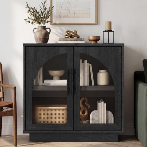 Fatmok Arched Glass Sideboard Buffet Accent Cabinet, 31.5" Display Credenza with Adjustable Shelf,3-Piece Modular Coffee Station Storage for Kitchen Living Room Bedroom, Black Grey - Image 6