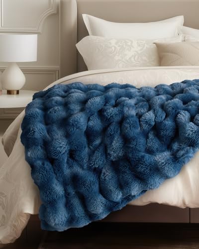 Ultra Soft Cozy Faux Fur Throw Blanket, Fuzzy Plush Thick Bubble Blanket, Oversize Luxury Fluffy Blanket for Couch, Bed, and Living Room, 60x80 Inches, Blue by blunique